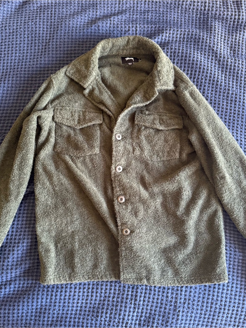 Stussy Terry Cloth Henley Hoodie – Olive Green – Size S